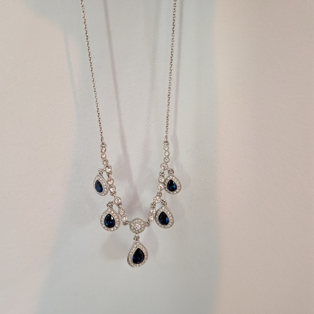 Silver and Sapphire Blue Rhinestone Teardrop Necklace
